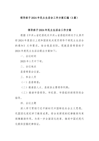 (3篇)领导班子2024年民主生活会工作方案汇编