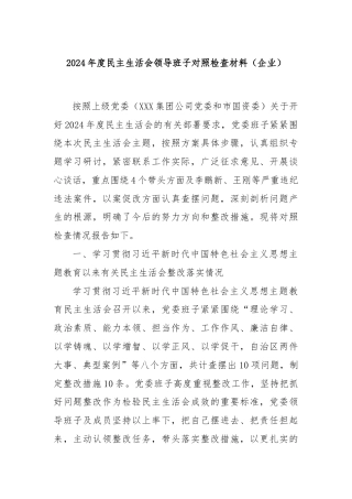 2024年度民主生活会领导班子对照检查材料（企业）