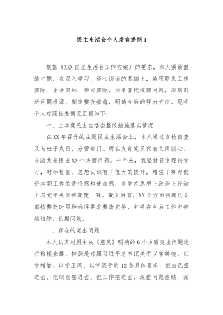 民主生活会个人发言提纲1