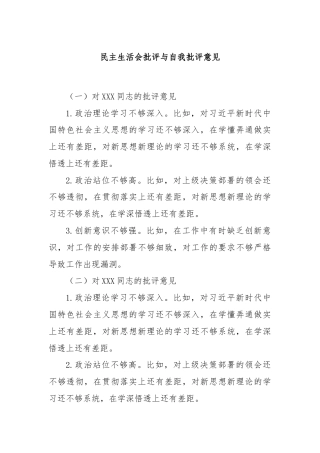民主生活会批评与自我批评意见