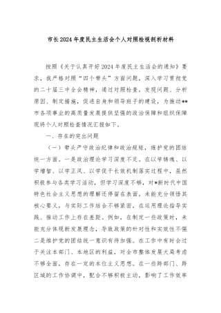 市长2024年度民主生活会个人对照检视剖析材料