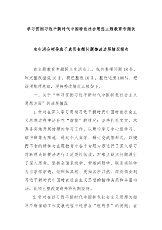 学习贯彻习近平新时代中国特色社会思想主题教育专题民主生活会领导班子成员查摆问题整改进展情况报告