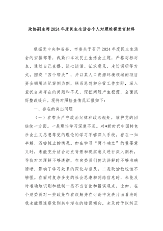 政协副主席2024年度民主生活会个人对照检视发言材料