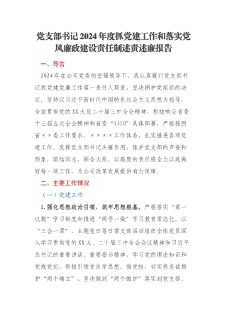 党支部书记2024年度抓党建工作和落实党风廉政建设责任制述责述廉报告