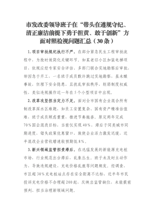 市发改委领导班子在“带头在遵规守纪、清正廉洁前提下勇于担责、敢于创新”方面对照检视问题汇总（30条）