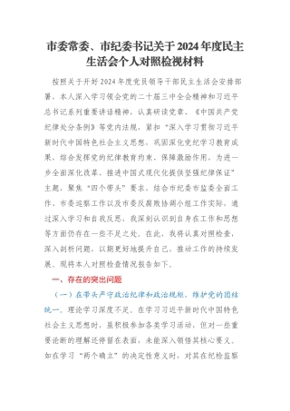 市委常委、市纪委书记关于2024年度民主生活会个人对照检视材料