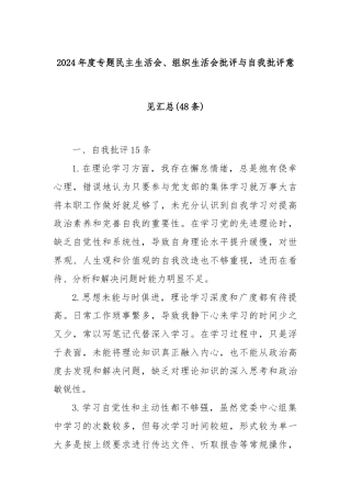 (48条)2024年度专题民主生活会、组织生活会批评与自我批评意见汇总