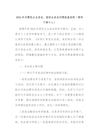 2024年专题民主生活会、组织生活会对照检查材料（领导干部个人）