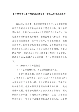X乡党委书记履行推进法治建设第一责任人职责述职报告