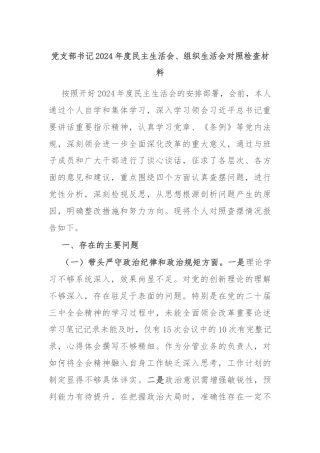 党支部书记2024年度民主生活会、组织生活会对照检查材料