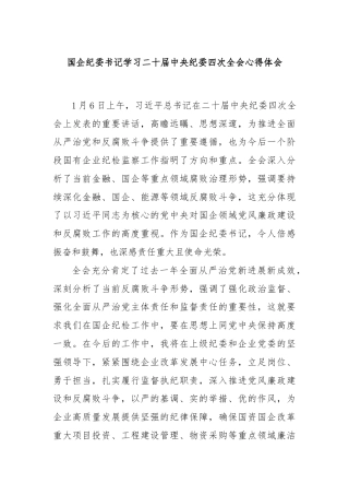 国企纪委书记学习二十届中央纪委四次全会心得体会
