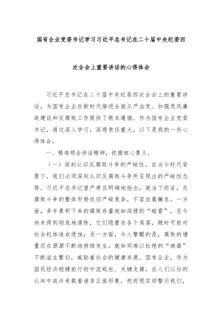 国有企业党委书记学习习近平总书记在二十届中央纪委四次全会上重要讲话的心得体会