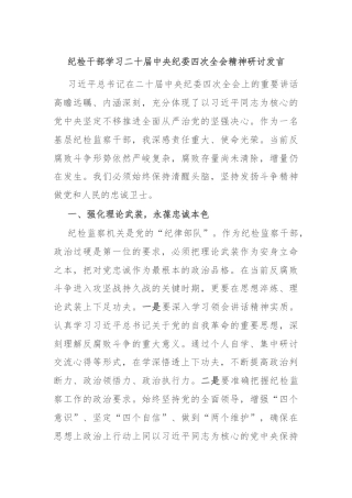纪检干部学习二十届中央纪委四次全会精神研讨发言