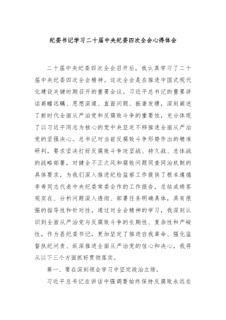 纪委书记学习二十届中央纪委四次全会心得体会