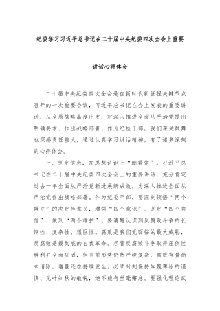 纪委学习总书记在二十届中央纪委四次全会上重要讲话心得体会