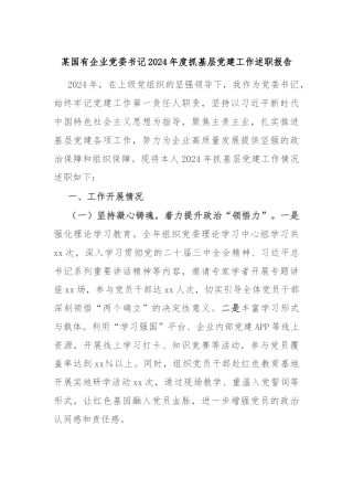 某国有企业党委书记2024年度抓基层党建工作述职报告