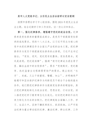 某市人大党组书记、主任民主生活会前研讨发言提纲