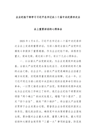 企业纪检干部学习习近平总书记在二十届中央纪委四次全会上重要讲话的心得体会