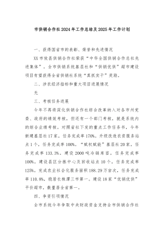 市供销合作社2024年工作总结及2025年工作计划
