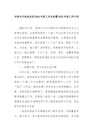 市综合行政执法局2024年度工作总结暨2025年度工作计划