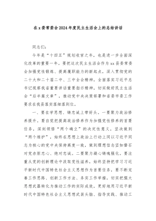 在x委常委会2024年度民主生活会上的总结讲话