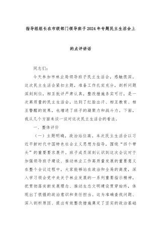 指导组组长在市级部门领导班子2024年专题民主生活会上的点评讲话