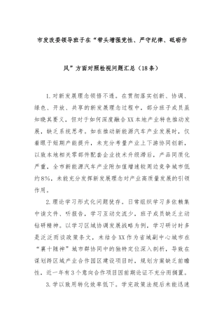 (18条)市发改委领导班子在“带头增强党性、严守纪律、砥砺作风”方面对照检视问题汇总
