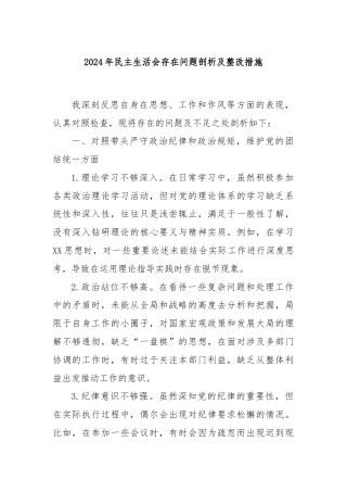 2024年民主生活会存在问题剖析及整改措施