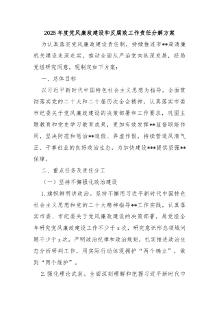 2025年度党风廉政建设和反腐败工作责任分解方案