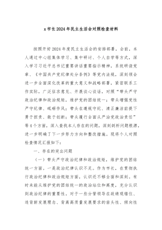 x市长2024年民主生活会对照检查材料