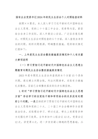 国有企业党委书记2024年的民主生活会个人对照检查材料