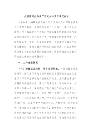 全镇落实全面从严治党主体责任情况报告