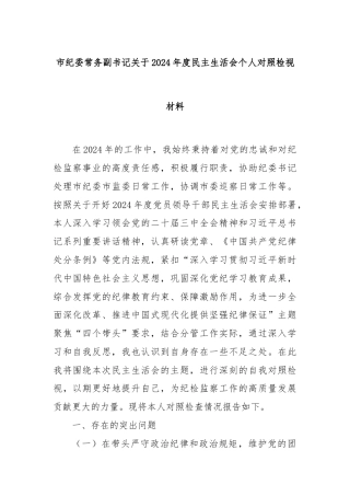 市纪委常务副书记关于2024年度民主生活会个人对照检视材料
