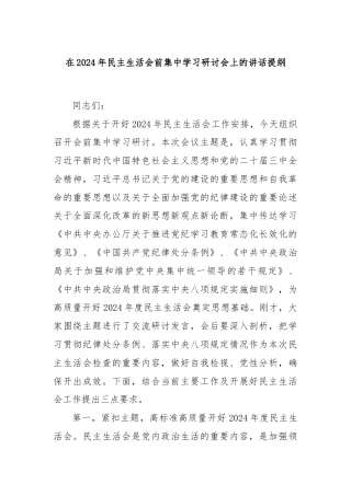 在2024年民主生活会前集中学习研讨会上的讲话提纲
