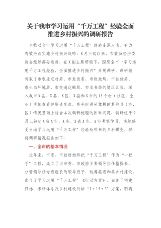 关于我市学习运用“千万工程”经验全面推进乡村振兴的调研报告