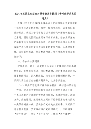 2024年度民主生活会对照检查发言提纲（含对班子成员的意见）