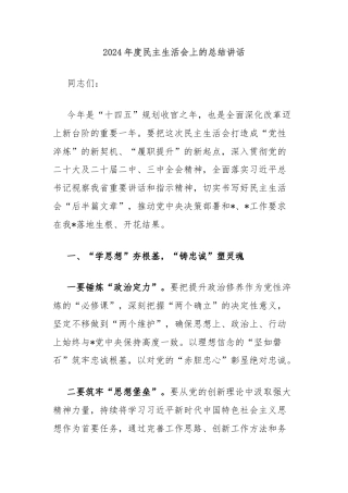 2024年度民主生活会上的总结讲话