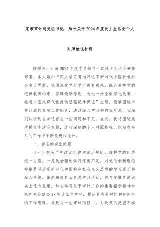 某市审计局党组书记、局长关于2024年度民主生活会个人对照检视材料