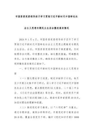 市国资委党委领导班子学习贯彻习近平新时代中国特色社会主义思想专题民主生活会整改落实情况