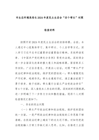 市生态环境局局长2024年度民主生活会“四个带头”对照检查材料