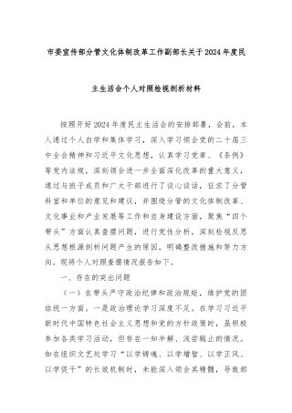 市委宣传部分管文化体制改革工作副部长关于2024年度民主生活会个人对照检视剖析材料