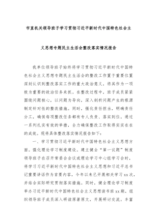 市直机关领导班子学习贯彻习近平新时代中国特色社会主义思想专题民主生活会整改落实情况报告