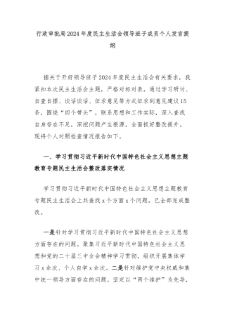 行政审批局2024年度民主生活会领导班子成员个人发言提纲