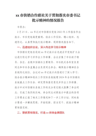 xx市供销合作联社关于贯彻落实市委书记批示精神的情况报告