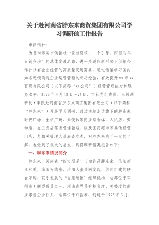 关于赴河南省胖东来商贸集团有限公司学习调研的工作报告