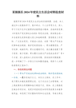 某镇镇长2024年度民主生活会对照检查材料