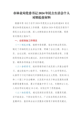 市林业局党委书记2024年民主生活会个人对照检查材料