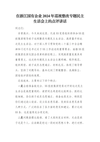 在浙江国有企业2024年巡视整改专题民主生活会上的点评讲话