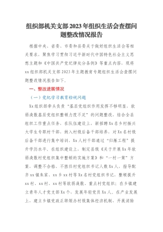 组织部机关支部2023年组织生活会查摆问题整改情况报告