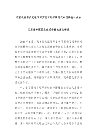 市直机关单位党组学习贯彻习近平新时代中国特色社会主义思想专题民主生活会整改落实情况